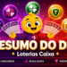 Mascote apresentando o resumo diário das loterias Caixa, com ícones das principais modalidades