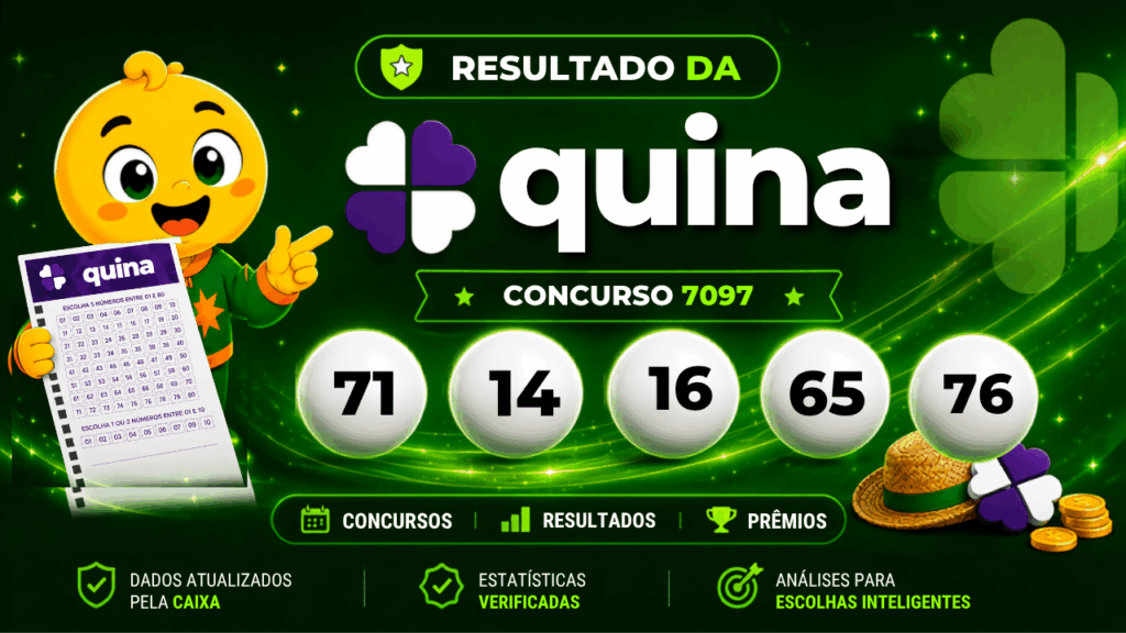 Resultado da Quina concurso 7097 com mascote e bolas numeradas do sorteio