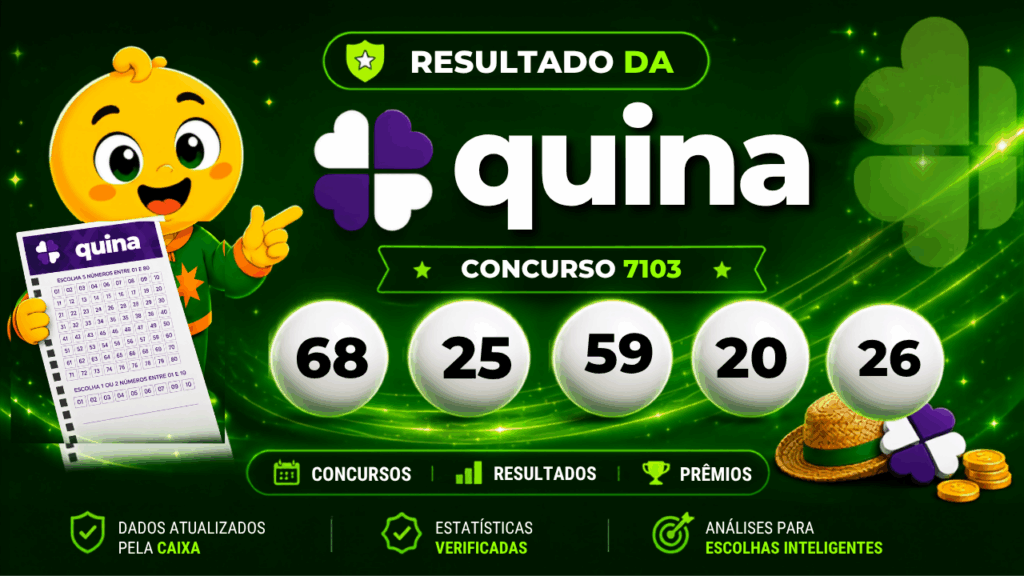 Capa do guia da Quina com mascote segurando o volante da modalidade e bolas numeradas ao fundo