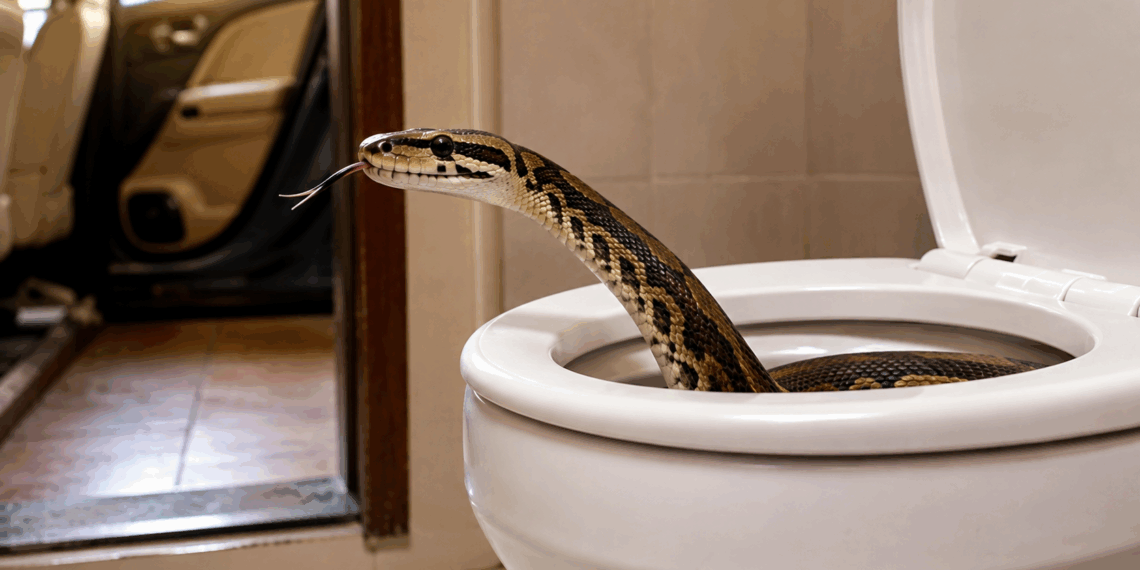 Serpente com parte do corpo emergindo da água de um vaso sanitário aberto em banheiro residencial.