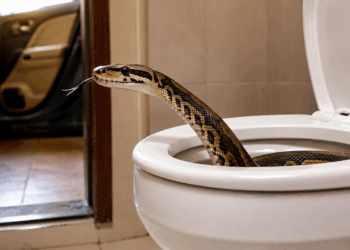 Serpente com parte do corpo emergindo da água de um vaso sanitário aberto em banheiro residencial.