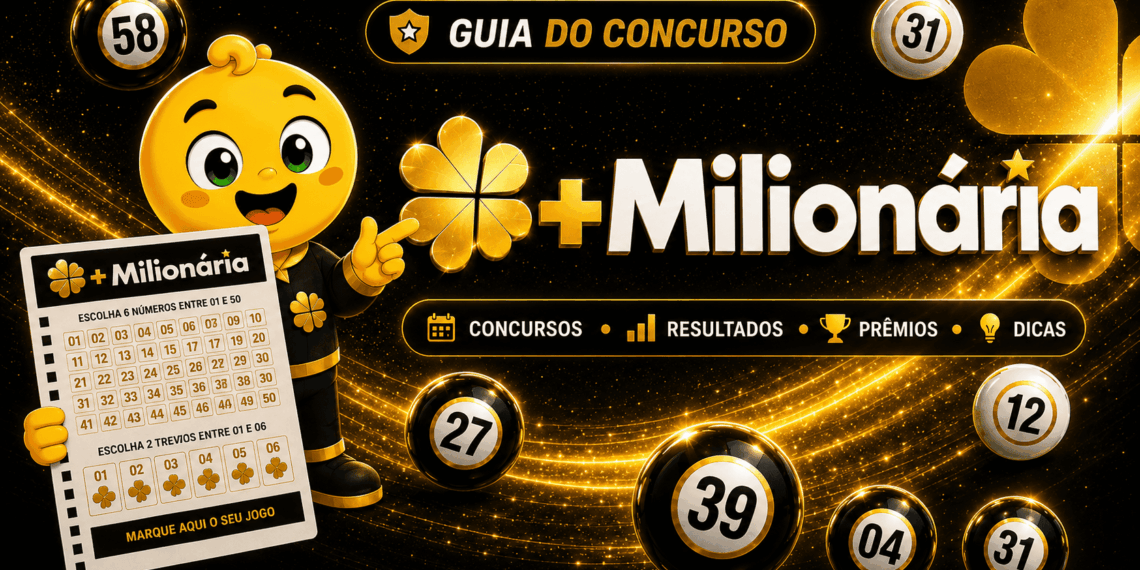 Capa do guia da +Milionária com mascote segurando o volante da modalidade e bolas numeradas ao fundo