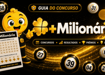 Capa do guia da +Milionária com mascote segurando o volante da modalidade e bolas numeradas ao fundo