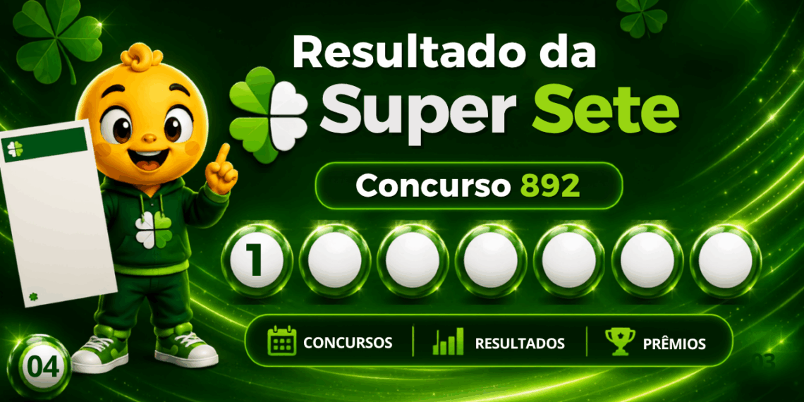 Resultado do Super Sete concurso 892 com mascote e colunas numeradas do sorteio