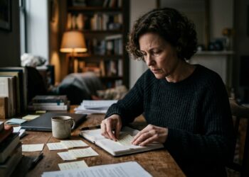 Adulto alinhando minuciosamente anotações e objetos sobre uma mesa em ambiente de meia-luz.