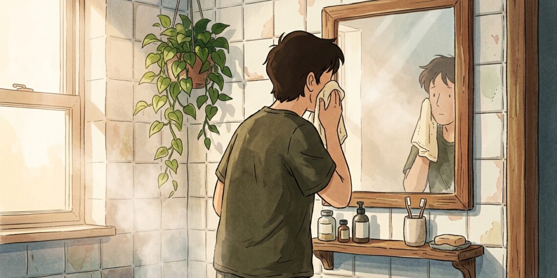 Ilustração de pessoa adulta diante do espelho do banheiro secando o rosto com uma toalha pela manhã.