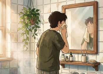 Ilustração de pessoa adulta diante do espelho do banheiro secando o rosto com uma toalha pela manhã.