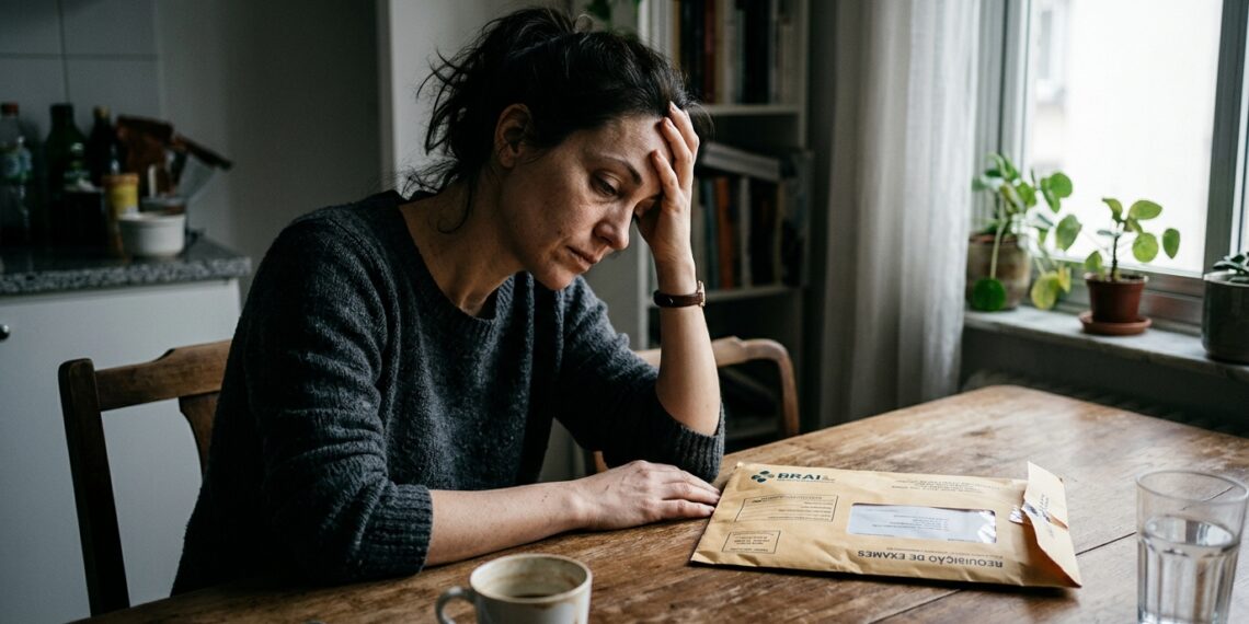 Pessoa com expressão de cansaço e sono diurno apoiando a cabeça à mesa ao lado de envelope de exames laboratoriais