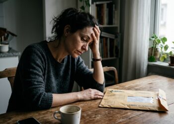 Pessoa com expressão de cansaço e sono diurno apoiando a cabeça à mesa ao lado de envelope de exames laboratoriais