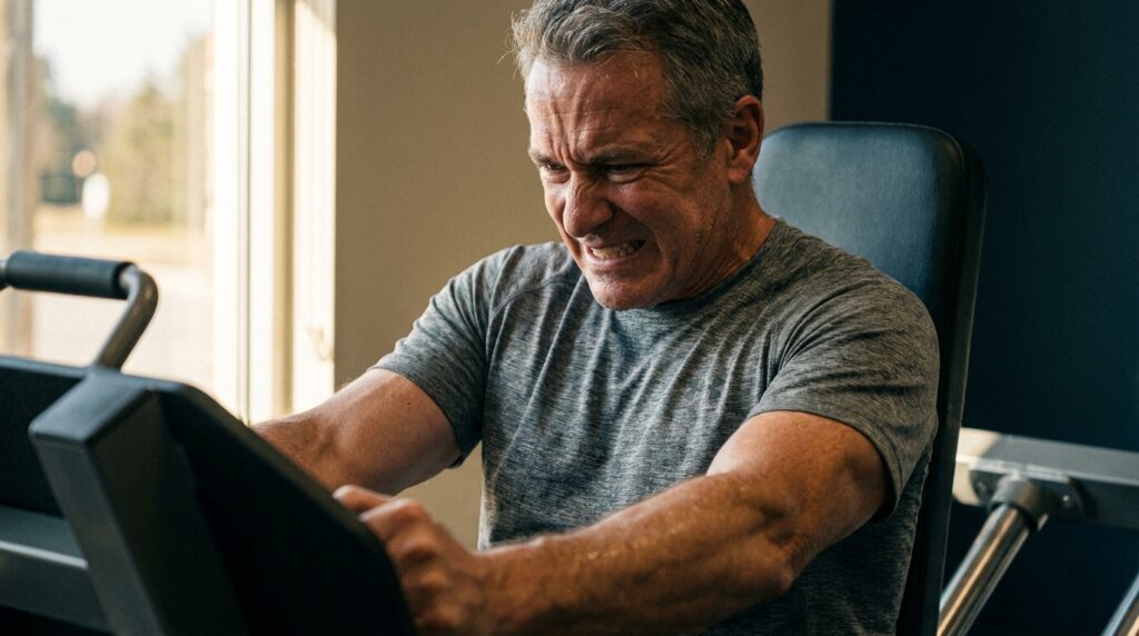 Adulto na faixa dos 50 anos realizando exercício de força no leg press, com o rosto concentrado no movimento de empurrar o peso no ambiente de academia.