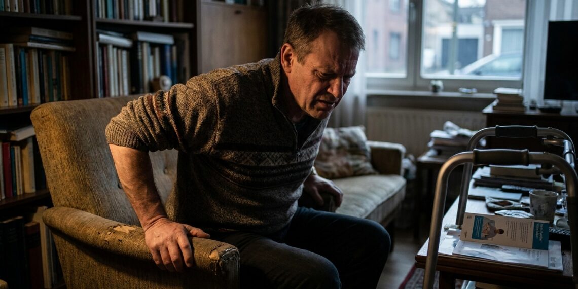 Homem de 50 anos expressando esforço e tensão muscular ao tentar se levantar de uma poltrona baixa na sala de estar.