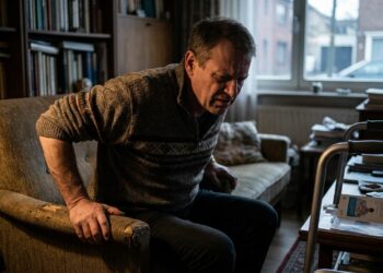 Homem de 50 anos expressando esforço e tensão muscular ao tentar se levantar de uma poltrona baixa na sala de estar.