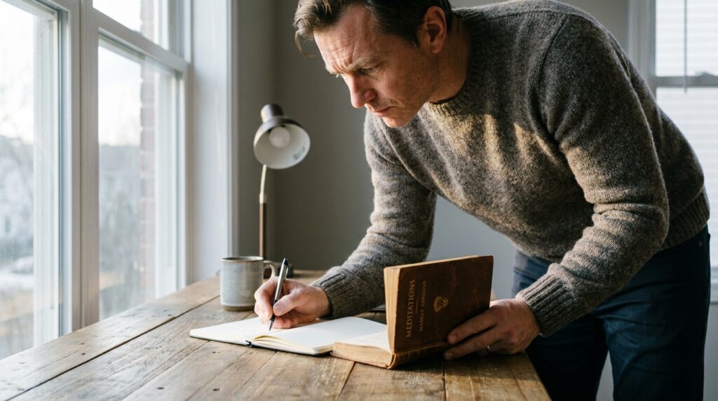 Pessoa sentada à mesa de madeira escrevendo reflexões em um caderno durante o amanhecer
