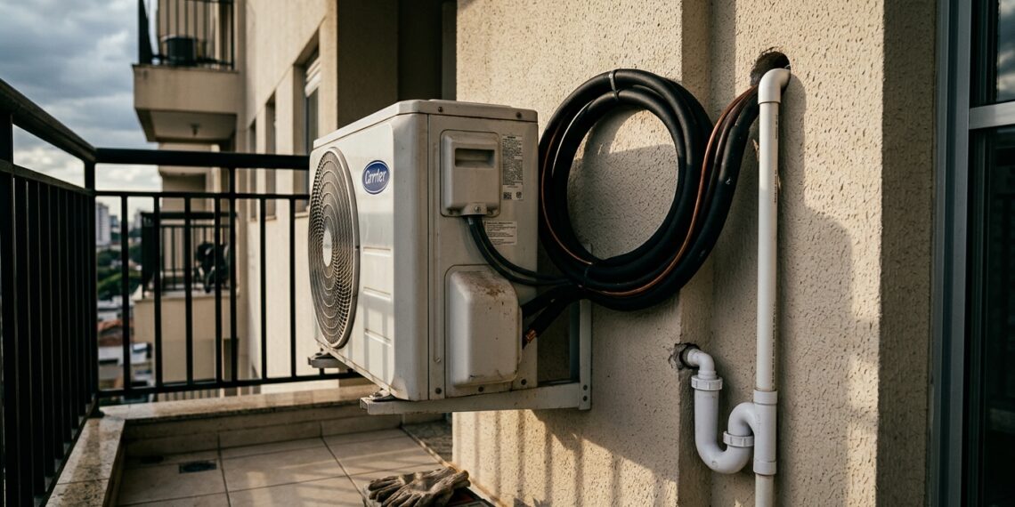 Unidade condensadora externa de ar-condicionado split instalada em sacada de condomínio com laço técnico de tubulação de cobre e dreno com sifão em U.