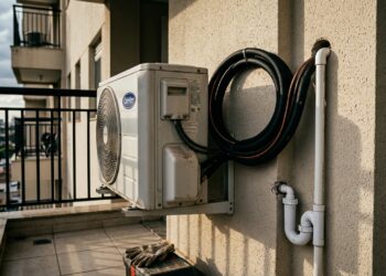Unidade condensadora externa de ar-condicionado split instalada em sacada de condomínio com laço técnico de tubulação de cobre e dreno com sifão em U.