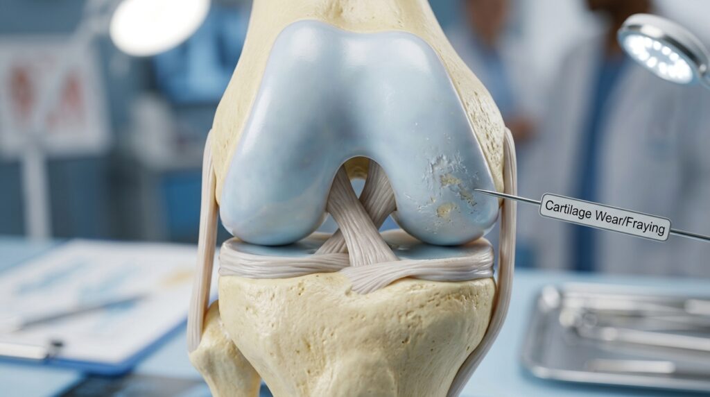 Modelo anatômico em detalhe macro mostrando a cartilagem hialina e o líquido sinovial na articulação do joelho