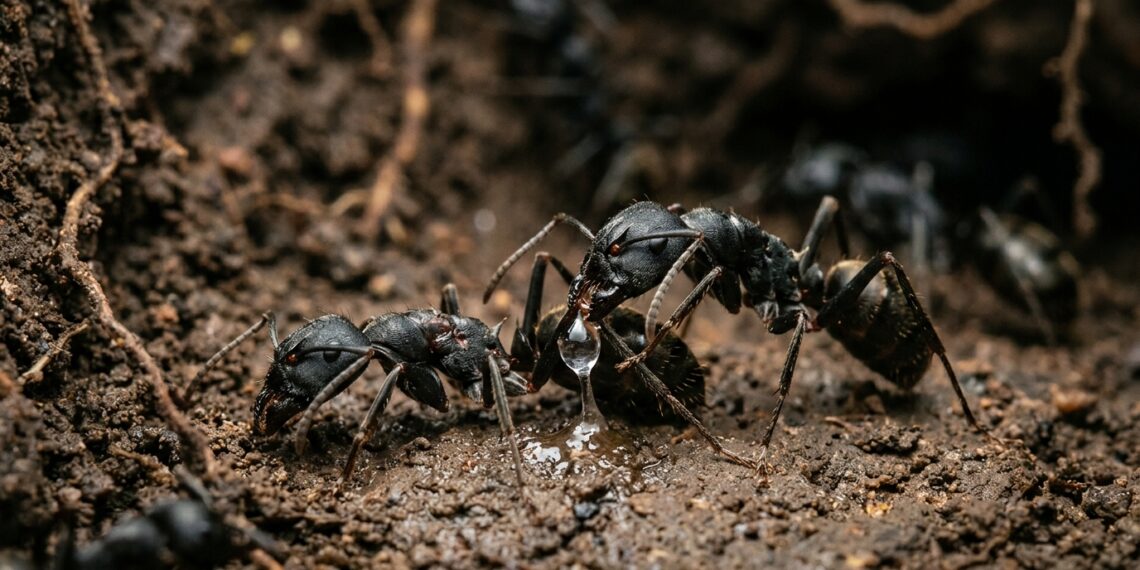 Formiga-matabele enfermeira aplicando secreção medicinal na pata amputada de outra formiga no interior do ninho.