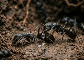 Formiga-matabele enfermeira aplicando secreção medicinal na pata amputada de outra formiga no interior do ninho.