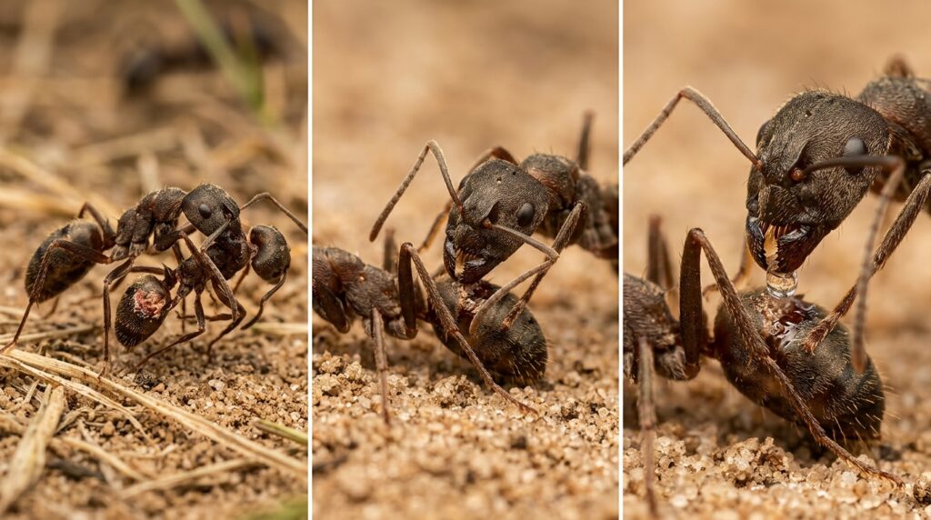 Três quadros sequenciais mostrando o resgate em campo, o diagnóstico químico com antenas e o curativo com antibiótico em formigas.
