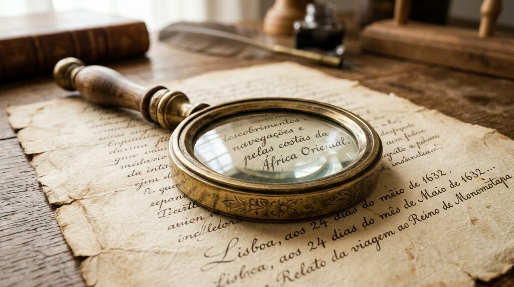 Lente de aumento antiga sobre manuscrito em papel envelhecido com escrita caligráfica.