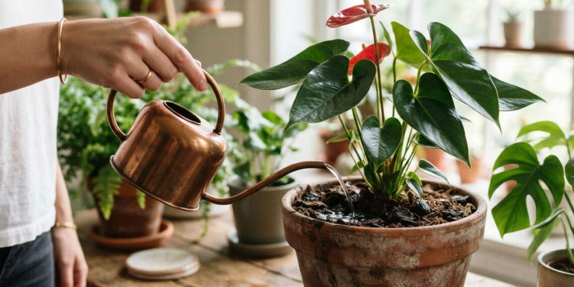 Regar o antúrio diretamente no centro da planta ou nas bordas do vaso: veja a diferença técnica e qual é o método seguro para evitar o apodrecimento do caule, segundo botânicos