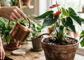 Regar o antúrio diretamente no centro da planta ou nas bordas do vaso: veja a diferença técnica e qual é o método seguro para evitar o apodrecimento do caule, segundo botânicos