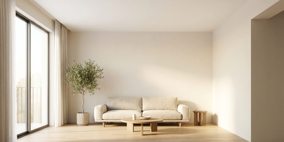 Sala de estar compacta com paredes claras e teto branco fosco refletindo luz natural e ampliando o ambiente.