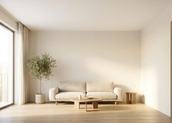 Sala de estar compacta com paredes claras e teto branco fosco refletindo luz natural e ampliando o ambiente.