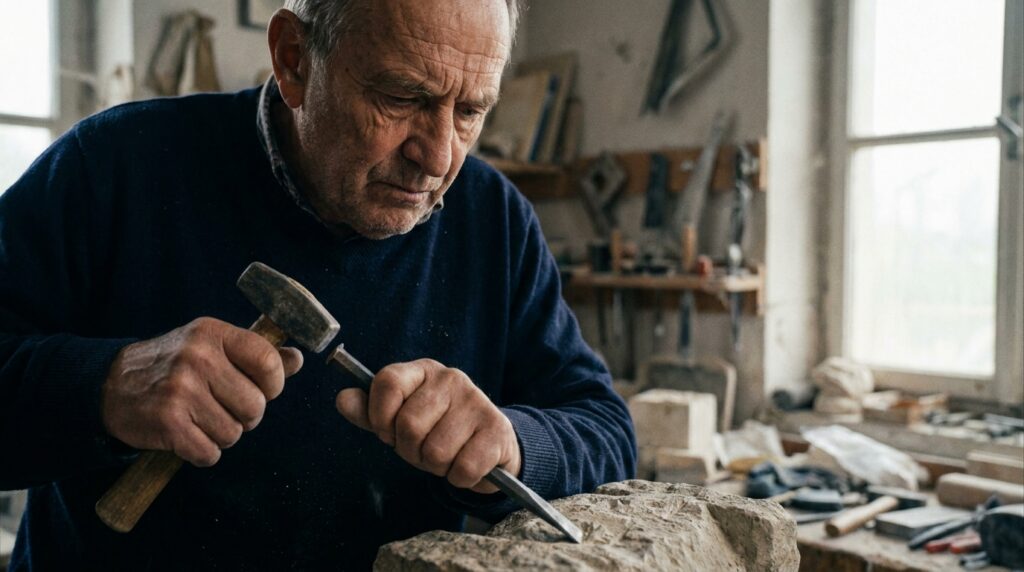 Artesão com expressão concentrada esculpindo detalhe em bloco de pedra com ferramenta manual em oficina.