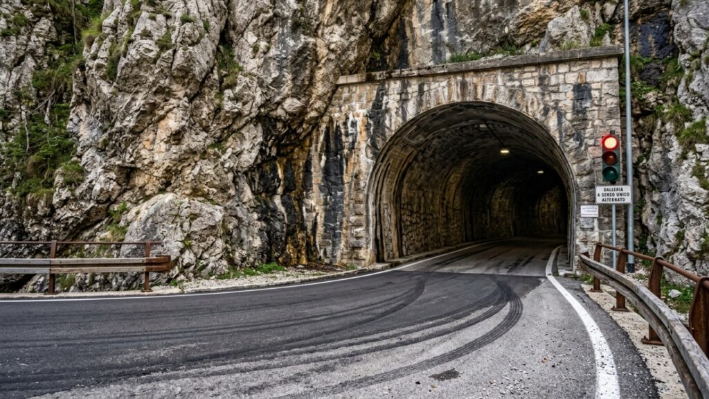 A estrada do Passo San Boldo comprime 18 curvas em quase 6 quilômetros de subida e esconde as 5 últimas dentro de túneis escavados na rocha