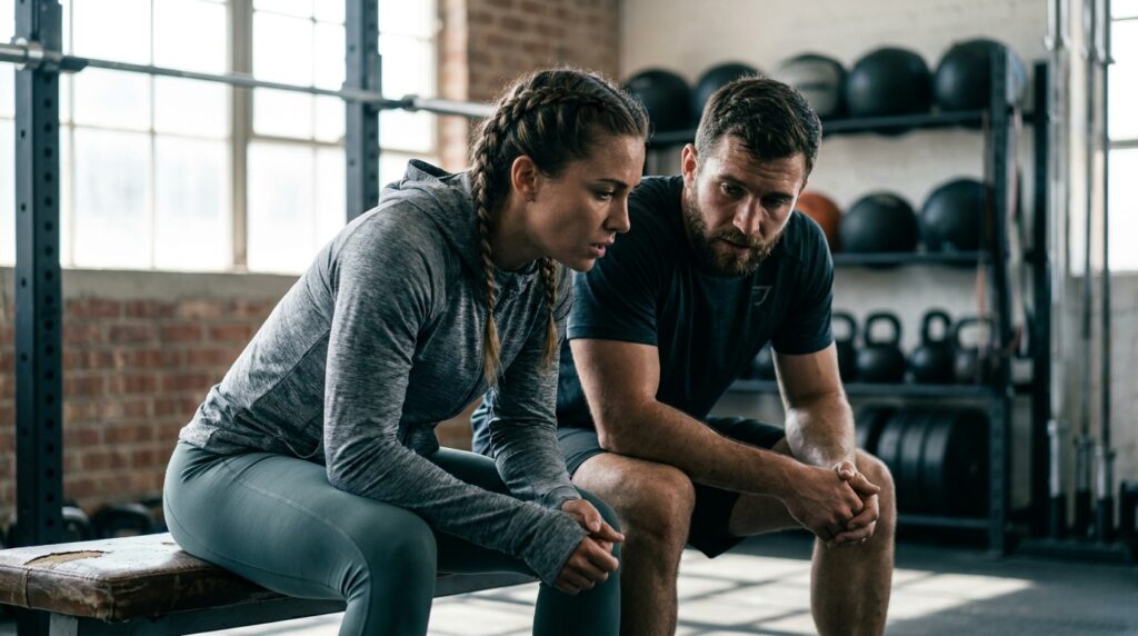 Duas pessoas conversando sobre metas de treino e superação em ambiente esportivo