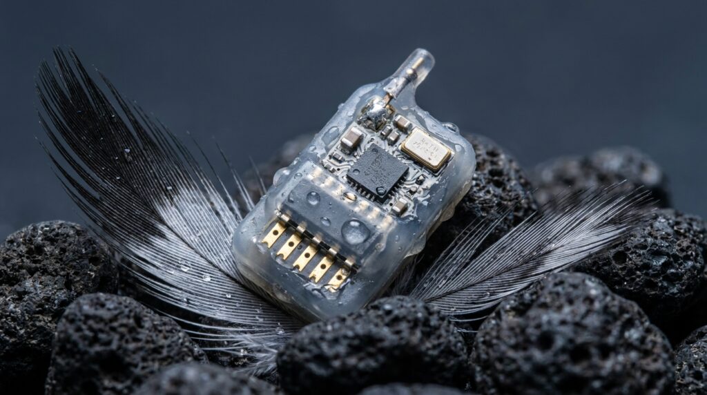 Detalhe macro de mini sensor de eletroencefalograma ao lado de seixos vulcânicos e pena de pinguim.