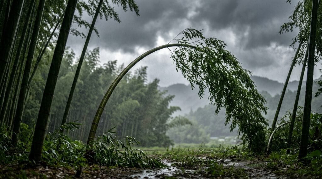 Hastes verdes de bambu curvando-se intensamente sob ventos fortes em uma floresta nublada.