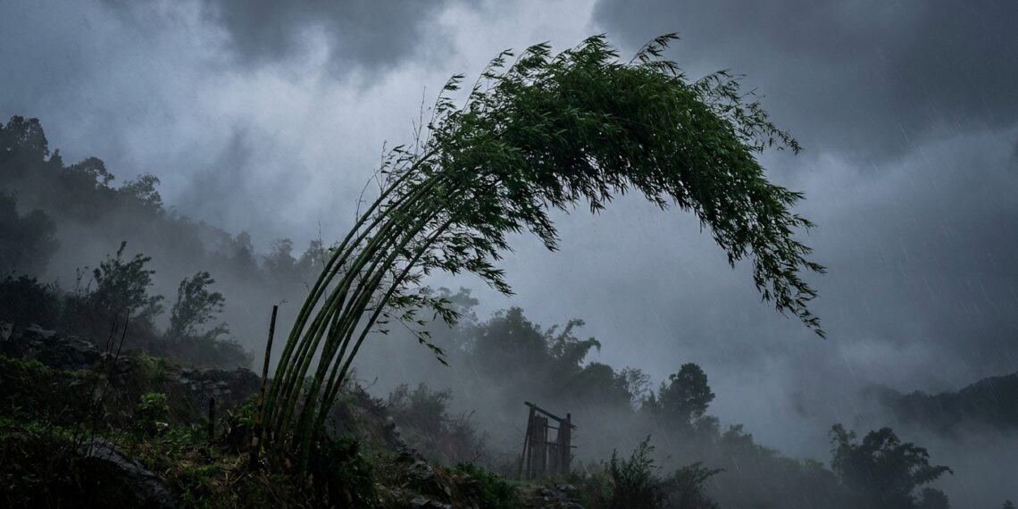Árvore de bambu verde curvando-se fortemente sob o vento forte em encosta com neblina.