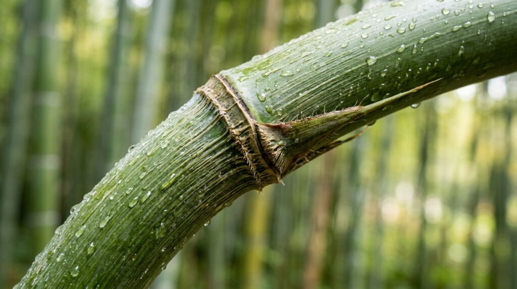 Close-up macro em nós e fibras detalhadas do caule de um bambu verde exibindo texturas naturais complexas.