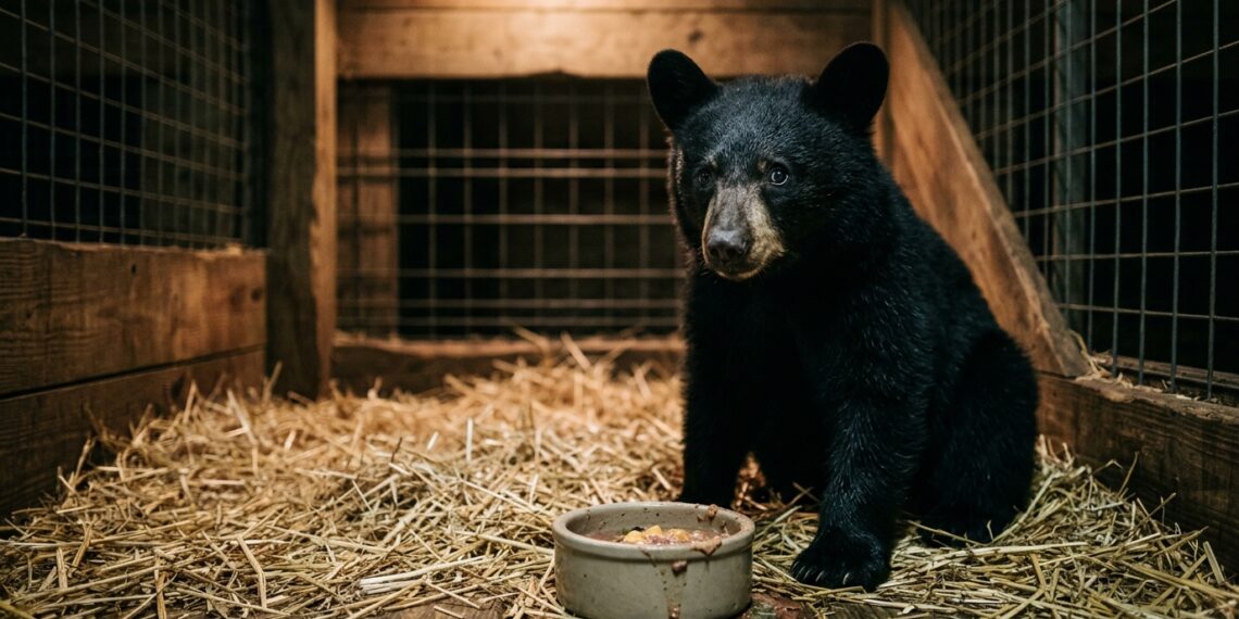 Filhote de urso-negro deitado em cama de palha dentro de recinto de reabilitação com postura alerta