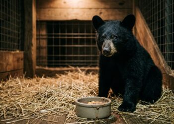 Filhote de urso-negro deitado em cama de palha dentro de recinto de reabilitação com postura alerta