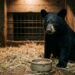 Filhote de urso-negro deitado em cama de palha dentro de recinto de reabilitação com postura alerta