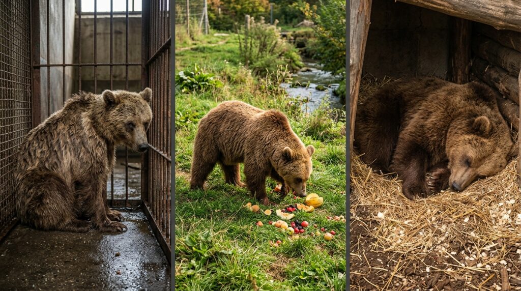 Painel triplo mostrando uma ursa magra em jaula de ferro, sua recuperação em pasto verde e o descanso em toca de hibernação.