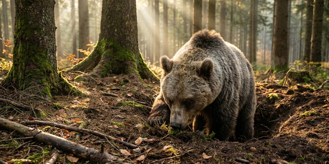 Urso-pardo idoso Félix caminhando sobre solo coberto de folhas secas e musgo próximo a uma toca natural em santuário florestal na Áustria.
