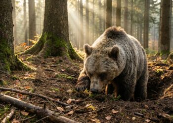 Urso-pardo idoso Félix caminhando sobre solo coberto de folhas secas e musgo próximo a uma toca natural em santuário florestal na Áustria.