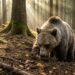 Urso-pardo idoso Félix caminhando sobre solo coberto de folhas secas e musgo próximo a uma toca natural em santuário florestal na Áustria.