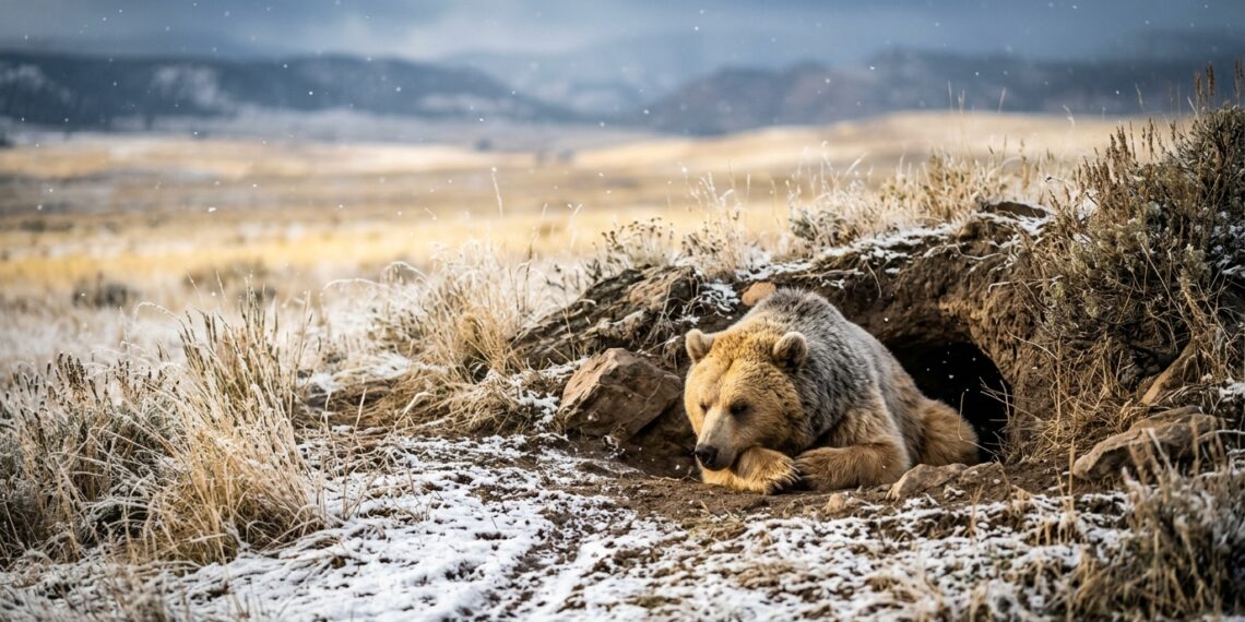 Ursa-parda com pelagem densa descansando na entrada de uma toca de terra com neve ao redor em santuário do Colorado.