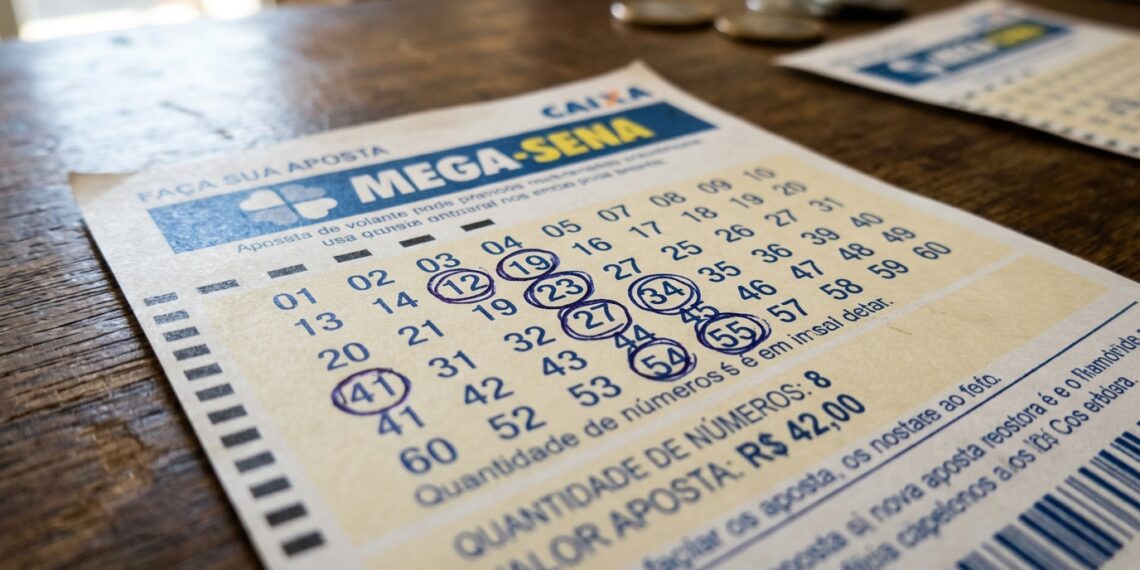 Volante da Mega-Sena com oito números marcados a caneta, usado na aposta do bolão premiado