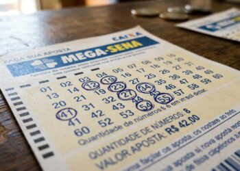 Volante da Mega-Sena com oito números marcados a caneta, usado na aposta do bolão premiado