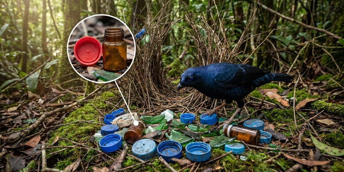 Ave-jardineira posicionando fragmentos de plástico colorido e frascos de remédio em seu caramanchão na floresta.