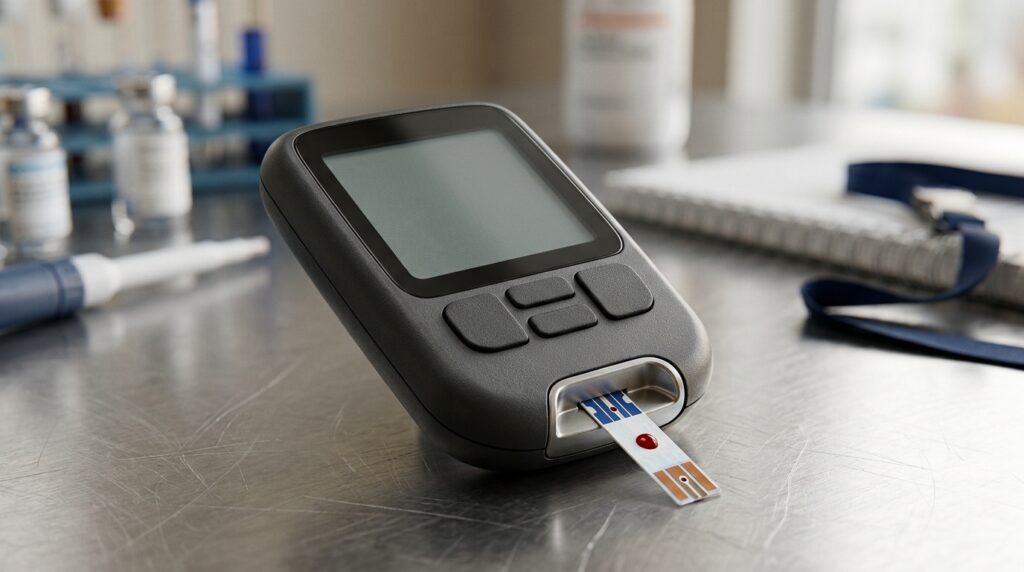 Glicosímetro digital em close sobre mesa com fita reagente acoplada para teste de glicose no sangue