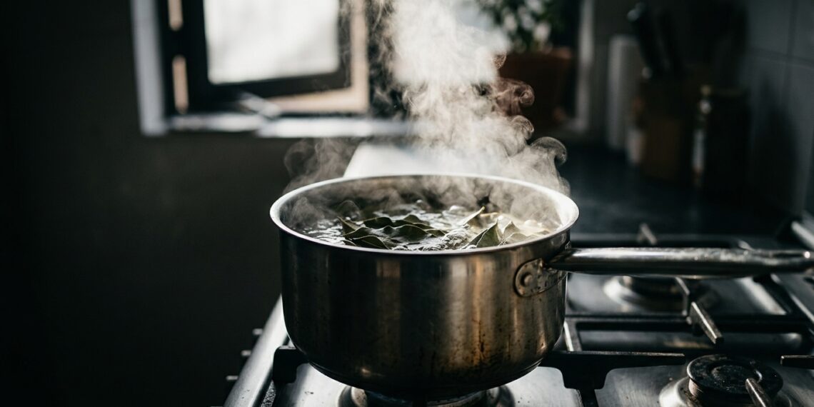 Panela de inox com folhas de louro e vinagre branco fervendo no fogão, com vapor subindo e janela da cozinha ao fundo