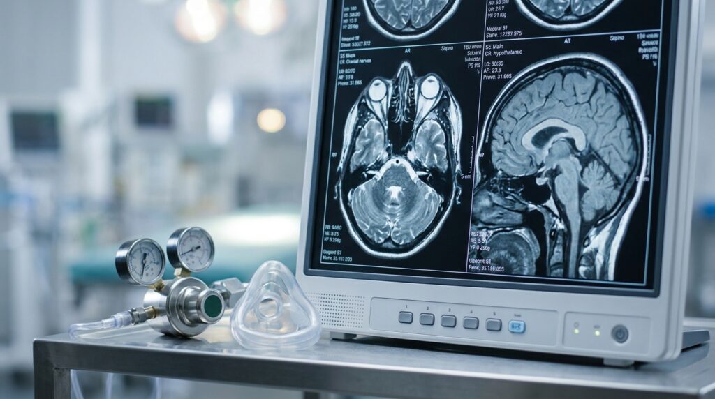 Tela de ressonância magnética do encéfalo ao lado de máscara de oxigenoterapia hospitalar.