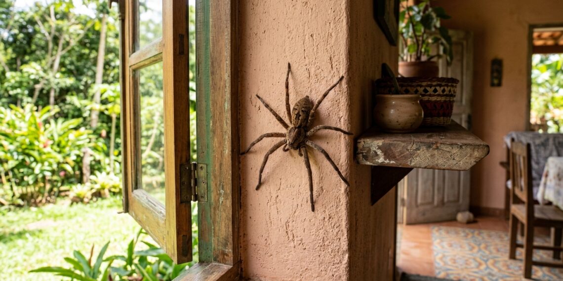 Aranha grande parada em parede branca, próxima ao rodapé de madeira, com sombra suave ao redor.